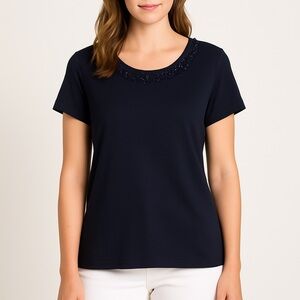Emma James Petite XL Navy Blue Beaded Embellished Scoop Neck Short Sleeve Top